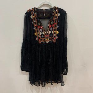 Free People Long Sleeve Embroidered Sheer Top, Black, Size S